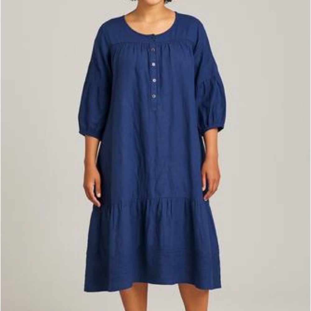 Gudrun Sjoden Flowy Tiered Midi Dress Sz‎ M Blue Linen Cotton Eyelet Detail